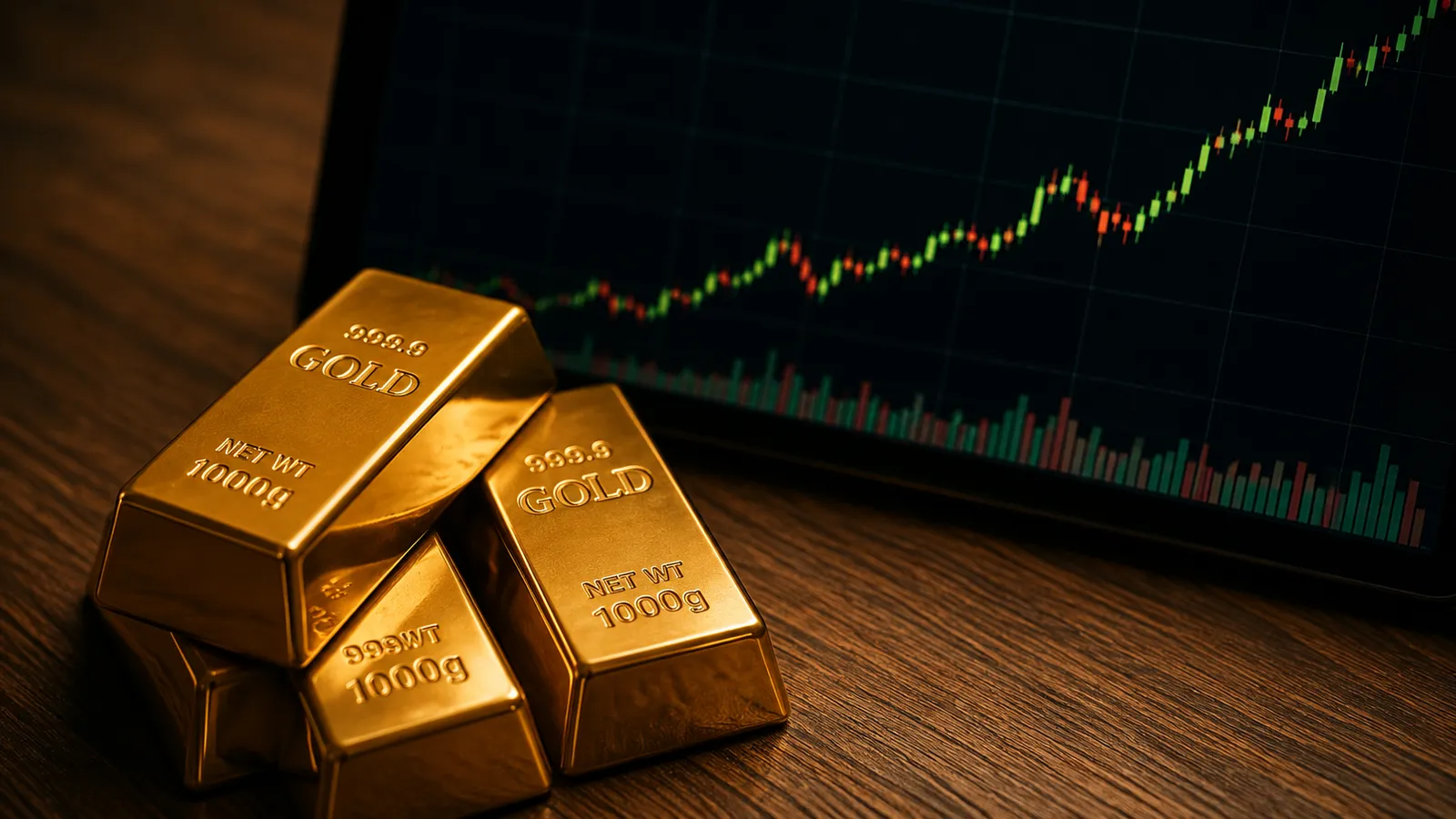 Goldbarren vor einem steigenden Börsenchart