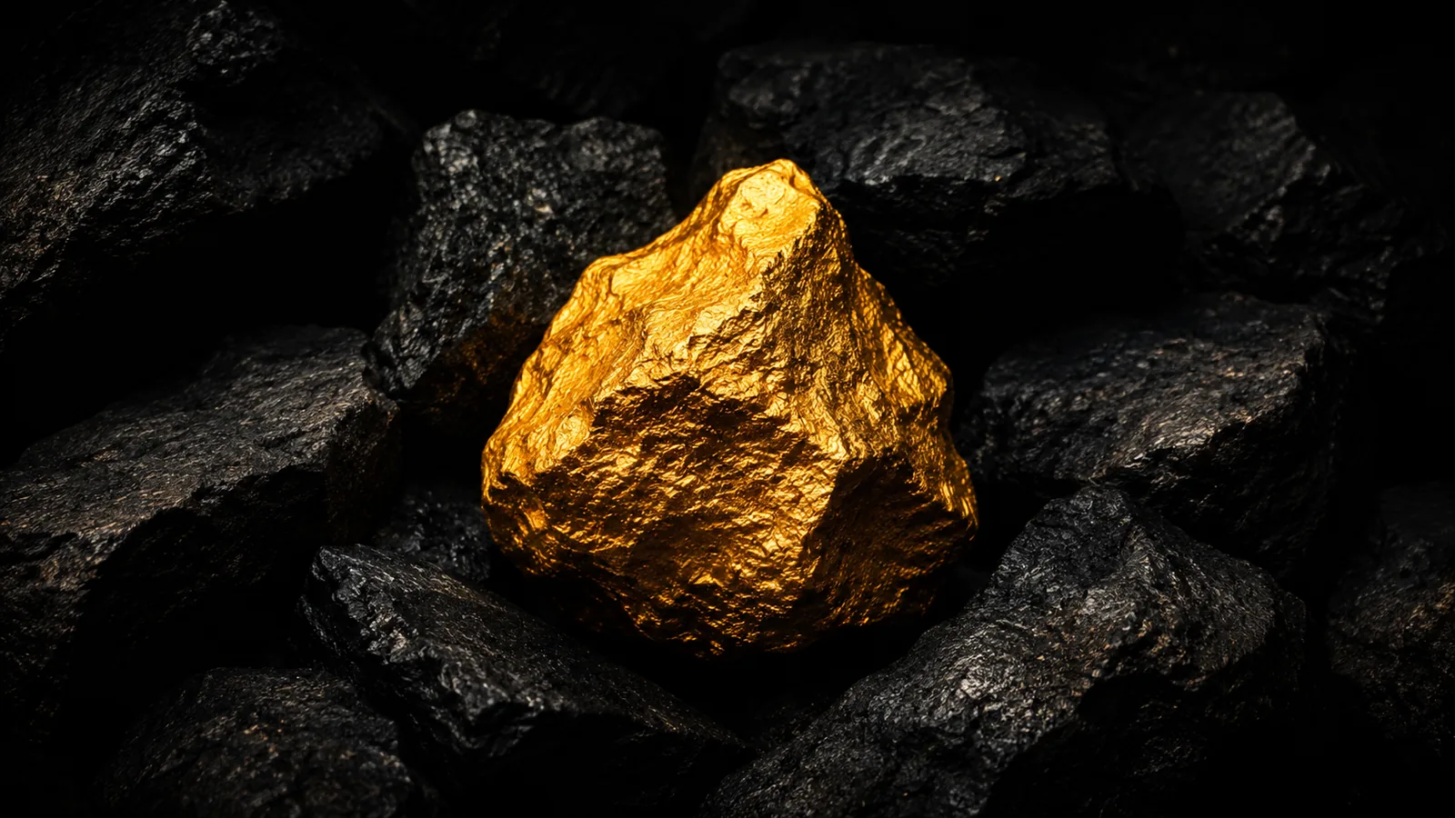 Goldnugget zwischen schwarzen Kohlesteinen