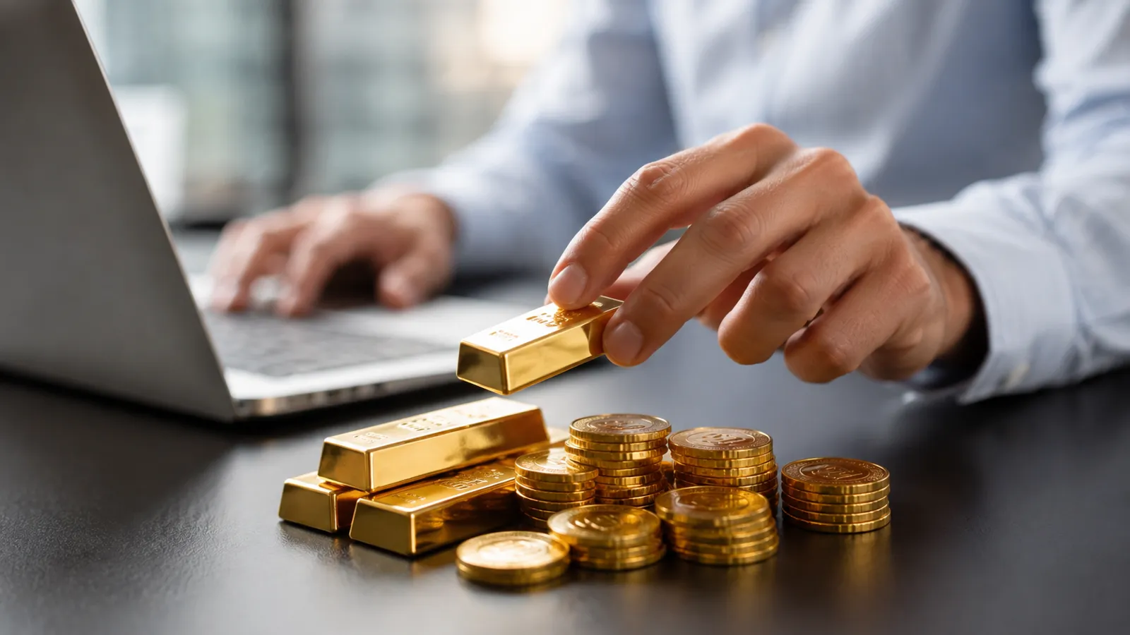Goldbarren und Münzen am Arbeitsplatz, Steuervorteile