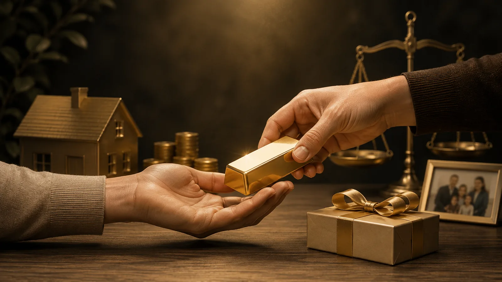 Hand übergibt einen Goldbarren, im Hintergrund Haus, Familienfoto und Geschenk