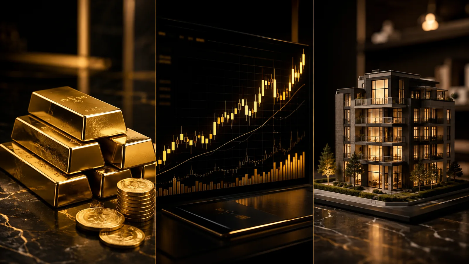 Goldbarren, Börsenchart und Immobilienmodell im direkten Vergleich