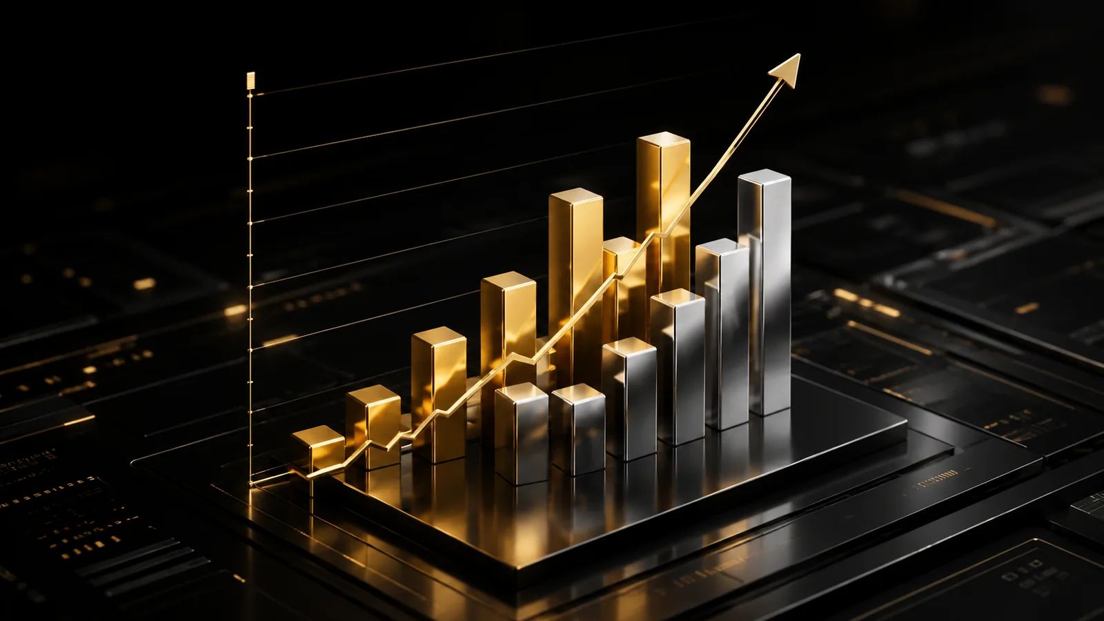 Gold- und Silberbarren als aufsteigendes Balkendiagramm mit Trendpfeil